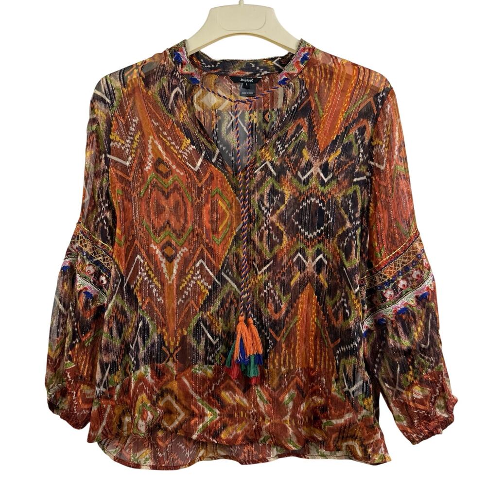 Desigual Printed Sheer Blouse Large Metallic Embroidery Tassels Festival Boho
